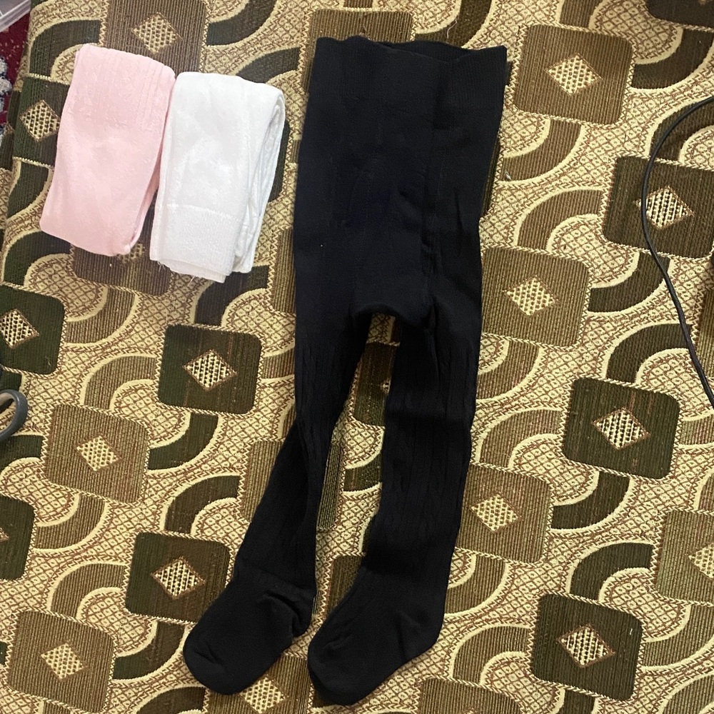 Girls 3-Pack Stretch Tights – Size S (74–86 cm) – Black / White / Pink – NWOT